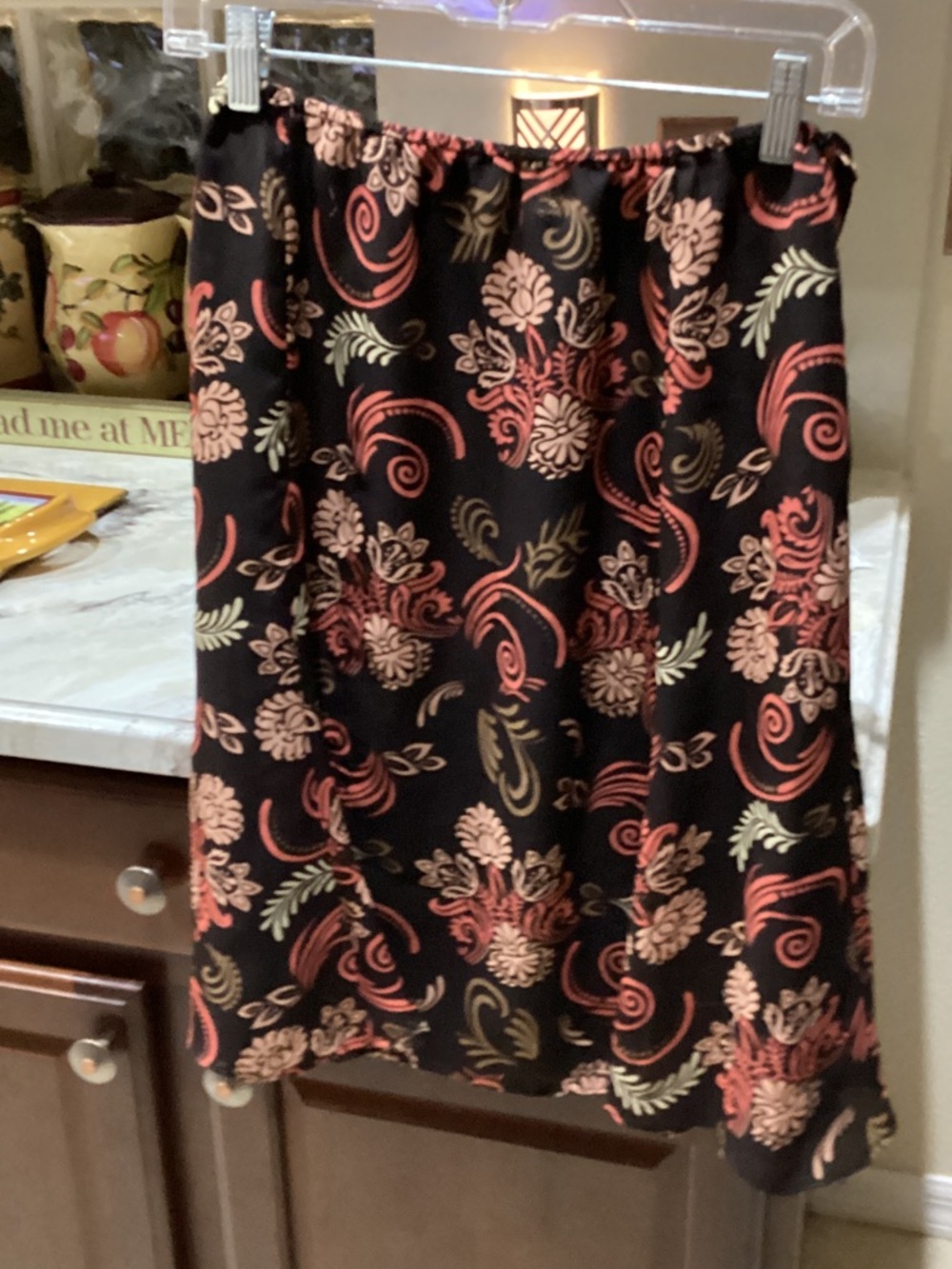 Skirt with Coral & Gold Floral Motif 22” length at, elastic waist w/ side zipper
